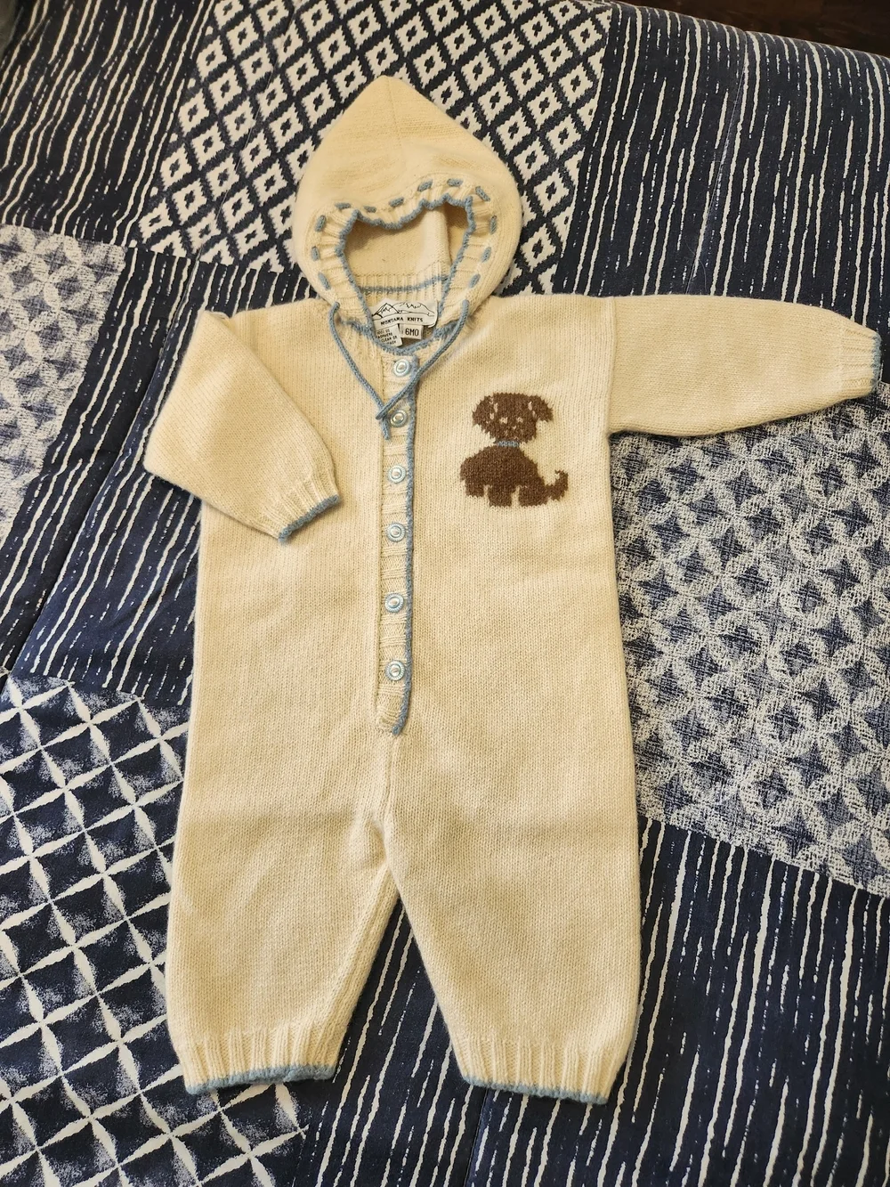 100% American Cashmere Cream & Blue Baby Hooded Bodysuit W/Puppy